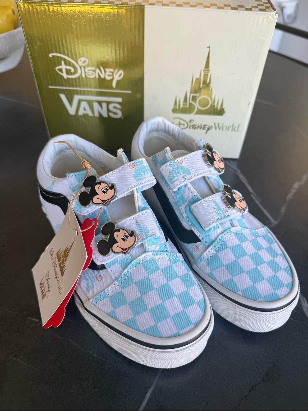Vans Kids Mickey Checkerboard Light Blue & White Velcro Sneakers